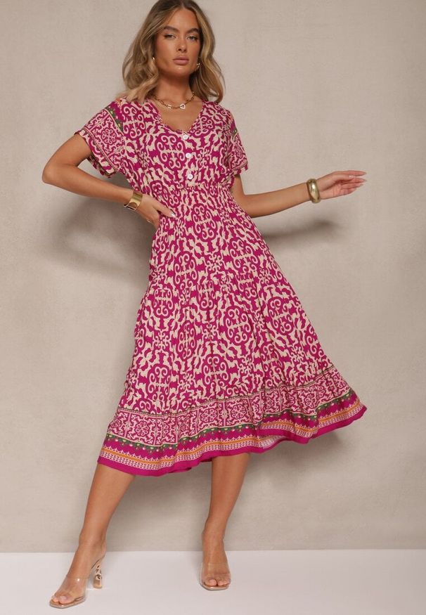 Renee - Fioletowa Sukienka z Bawełny Ozdobiona Ornamentnym Motywem Fillena. Kolor: fioletowy. Materiał: bawełna. Wzór: aplikacja