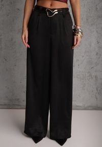 Renee - Czarne Spodnie Szerokie z Dodatkiem Bawełny High Waist z Metaliczną Klamrą Azaerixis. Okazja: na co dzień. Stan: podwyższony. Kolor: czarny. Materiał: bawełna. Styl: casual #2