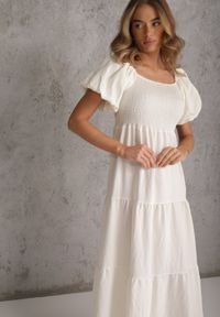 Renee - Jasnobeżowa Sukienka z Wiskozy o Rozkloszowanym Kroju z Bufiastymi Rękawkami Rosena. Kolor: beżowy. Materiał: wiskoza. Długość rękawa: krótki rękaw. Sezon: lato. Typ sukienki: rozkloszowane. Długość: maxi #2