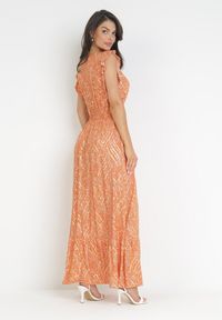 Born2be - Pomarańczowa Maxi Sukienka Wiskozowa z Gumką w Talii i Metalicznym Nadrukiem Fianre. Kolor: pomarańczowy. Materiał: wiskoza. Wzór: nadruk. Typ sukienki: kopertowe. Długość: maxi #4
