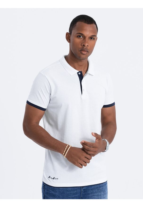 Ombre Clothing - Koszulka męska polo bawełniana - biała V1. Typ kołnierza: polo. Kolor: biały. Materiał: bawełna. Wzór: nadruk. Styl: klasyczny