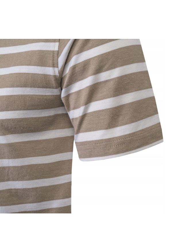 Koszulka Polo - Męska - Pako Jeans - Beżowa w Biały Prążek. Okazja: na co dzień. Typ kołnierza: polo. Kolor: brązowy, beżowy, wielokolorowy. Materiał: bawełna. Wzór: prążki, paski. Styl: casual