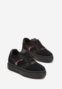 Born2be - Czarne Sznurowane Sneakersy na Płaskiej Grubej Podeszwie z Metalicznymi Wstawkami Neradel. Kolor: czarny. Materiał: materiał. Obcas: na płaskiej podeszwie #3
