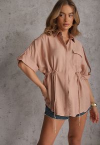 Renee - Beżowa Koszula z Bawełną o Nietoperzowym Kroju z Wiązaniem w Stylu Utility Kelathe. Kolor: beżowy. Materiał: bawełna #7