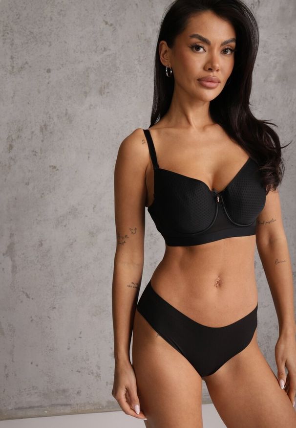 Renee - Czarny Biustonosz z Metaliczną Aplikacją i Perforacją Dredefia. Kolor: czarny. Materiał: jeans. Wzór: aplikacja