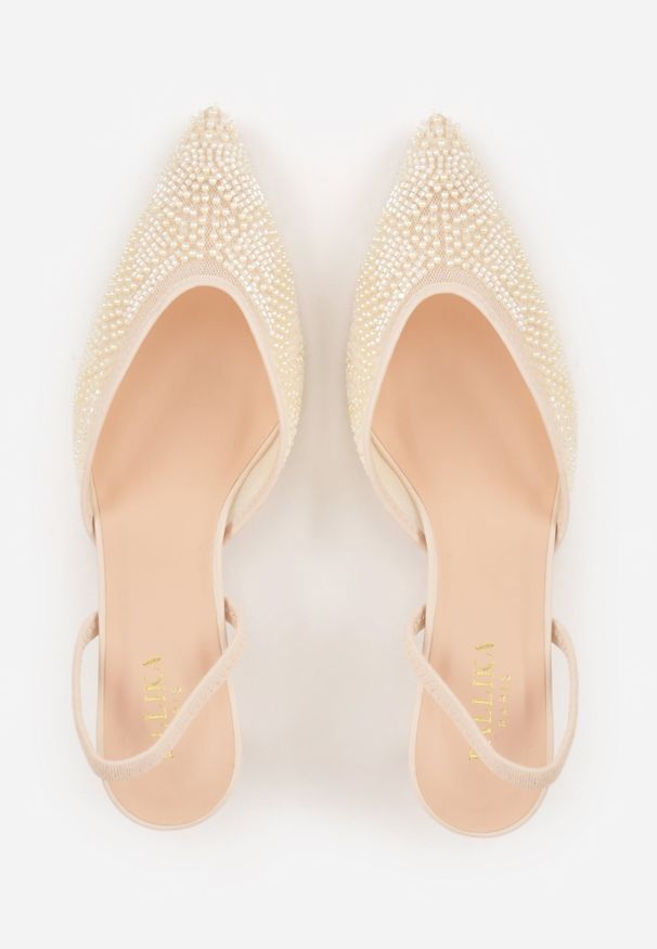 Renee - Beżowe Szpilki z Paskiem w Typie Slingback z Cholewką z Siateczki i Koralikami Carilriane. Zapięcie: pasek. Kolor: beżowy. Materiał: satyna. Szerokość cholewki: normalna. Wzór: aplikacja. Obcas: na szpilce. Styl: wizytowy, glamour, elegancki