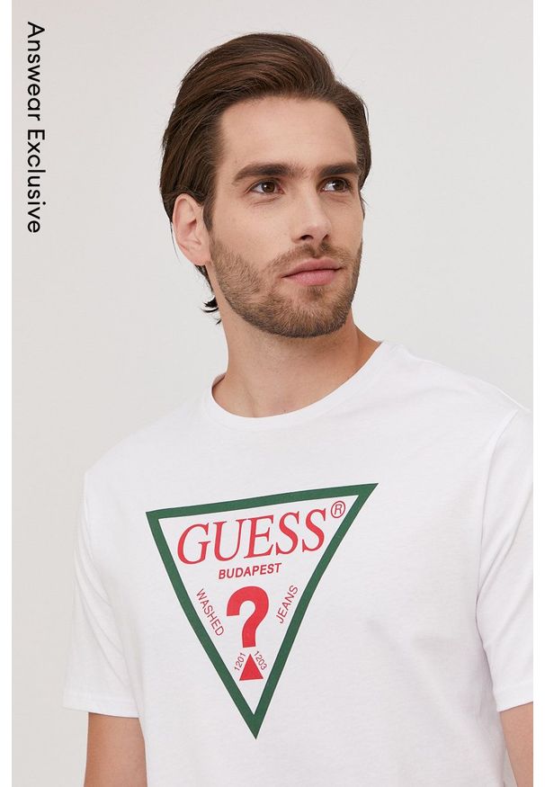 Guess - T-shirt z kolekcji urodzinowej. Okazja: na urodziny. Kolor: biały. Wzór: nadruk. Styl: casual