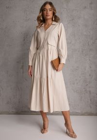 Renee - Beżowa Rozkloszowana Sukienka Koszulowa z Bawełny i Wiskozy Zdobiona Klapami Gleta. Okazja: na co dzień. Kolor: beżowy. Materiał: wiskoza, bawełna. Wzór: aplikacja. Typ sukienki: koszulowe. Styl: casual, elegancki #5