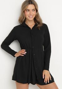 Born2be - Czarna Asymetryczna Sukienka o Koszulowym Kroju z Gumką w Talii Elodina. Kolor: czarny. Długość rękawa: długi rękaw. Typ sukienki: koszulowe, asymetryczne. Styl: elegancki, sportowy #5