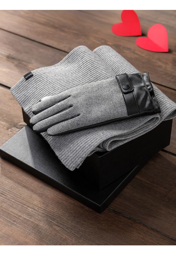 Ombre Clothing - Zestaw prezentowy dla niego w kolorze szarym – dzianinowy szalik + rękawiczki w jodełkę –. Kolor: szary. Materiał: dzianina. Wzór: jodełka. Styl: klasyczny