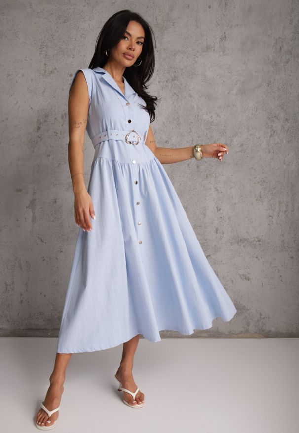 Renee - Niebieska Bawełniano-Wiskozowa Sukienka Koszulowa Bez Rękawów z Paskiem Athithoe. Okazja: na co dzień. Kolor: niebieski. Materiał: wiskoza, bawełna. Długość rękawa: bez rękawów. Typ sukienki: koszulowe. Styl: casual, elegancki