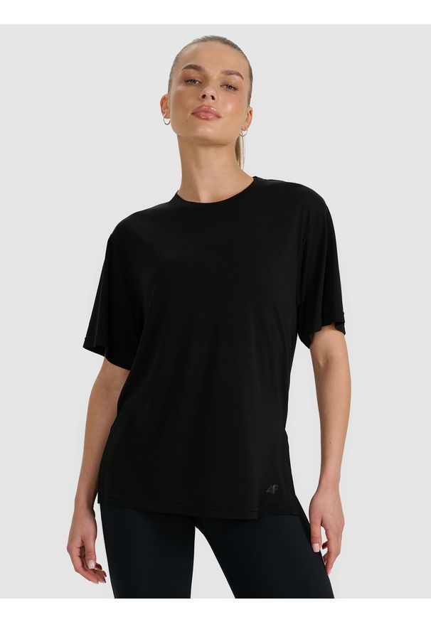 4f - 4F T-shirt oversize z modalem damski - czarny S. Okazja: na co dzień. Kolor: czarny. Materiał: jersey, skóra, poliester, materiał. Długość rękawa: krótki rękaw. Długość: krótkie. Wzór: gładki, ze splotem. Styl: casual, klasyczny, sportowy