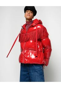 Pinko - PINKO - Czerwona kurtka z frędzlami Donato. Kolor: czerwony. Materiał: tkanina, nylon. Długość: długie. Wzór: aplikacja. Sezon: zima, jesień