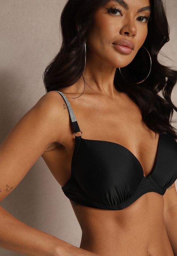 Renee - Czarne Bikini Majtki Figi i Biustonosz z Cyrkoniami Tenumela. Kolor: czarny. Wzór: aplikacja, kwiaty