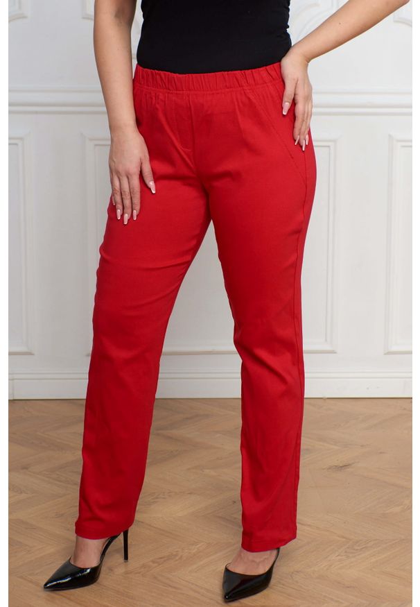 Nasi partnerzy - Czerwone spodnie Nilda z prostą nogawką wysoki stan PLUS SIZE XXL. Okazja: na co dzień, do pracy, na spacer. Stan: podwyższony. Kolekcja: plus size. Kolor: czerwony. Materiał: włókno, materiał, wiskoza, elastan, tkanina, poliester. Długość: krótkie. Styl: casual