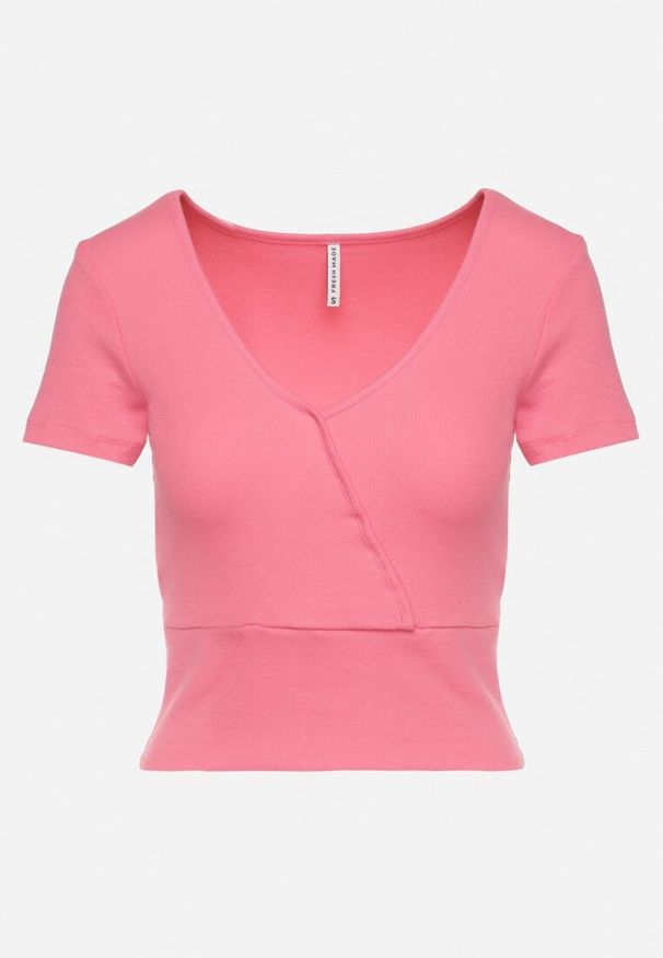 Born2be - Różowy Prążkowany T-shirt z Bawełny z Dekoltem w Serek Filunira. Okazja: na co dzień. Typ kołnierza: dekolt w serek. Kolor: różowy. Materiał: bawełna, prążkowany. Styl: elegancki, casual