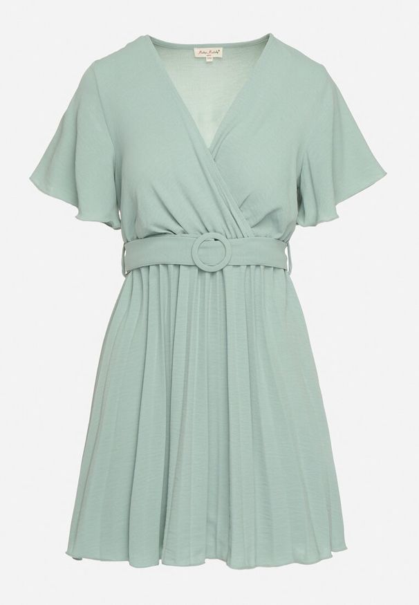 Born2be - Miętowa Sukienka Plisowana z Kopertowym Dekoltem Zamiya. Kolor: miętowy. Materiał: materiał. Długość rękawa: krótki rękaw. Typ sukienki: kopertowe