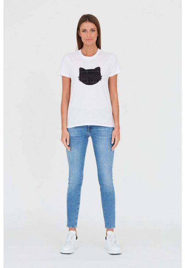 Karl Lagerfeld - KARL LAGERFELD Biały damski t-shirt Boucle Choupette, Rozmiar XS. Kolor: biały. Materiał: bawełna