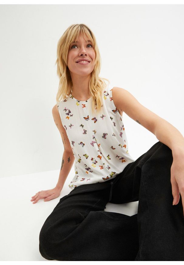 bonprix - Bluzka bez rękawów. Kolor: biały. Materiał: materiał. Długość rękawa: bez rękawów