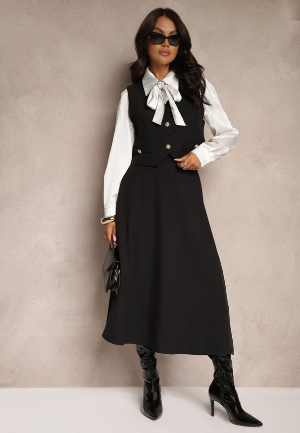 Renee - Czarny 3- Częściowy Komplet Spódnica Kamizelka z Guzikami Koszula Ozdobiona Wiązaniem Avanessae. Kolor: czarny. Materiał: tkanina. Wzór: aplikacja