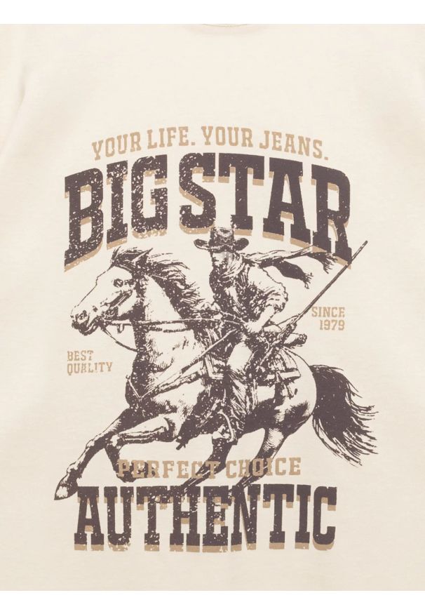 Big-Star - Koszulka męska z linii Authentic z nadrukiem perłowa Patter 103. Okazja: na co dzień. Kolor: kremowy. Materiał: dzianina, jeans, materiał. Wzór: nadruk. Styl: casual, klasyczny