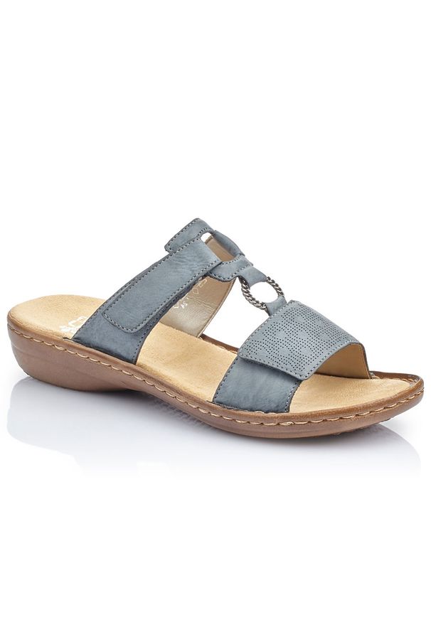 Komfortowe klapki damskie na rzepy niebiesie Rieker 60885-12. Materiał: skóra ekologiczna