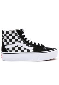Buty Vans Sk8-Hi Platform 2.0 VN0A3TKNQXH1 - czarno-białe. Okazja: na co dzień. Zapięcie: pasek. Kolor: czarny, biały, wielokolorowy. Szerokość cholewki: normalna. Wzór: haft, paski. Wysokość cholewki: przed kolano. Materiał: zamsz, materiał, guma. Obcas: na platformie. Model: Vans SK8