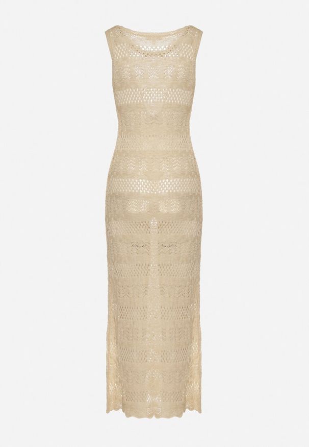 Born2be - Beżowa Dopasowana Sukienka z Ażurowego Materiału Wykończona Metaliczną Nitką Trinesa. Okazja: na ślub cywilny, na co dzień, na imprezę, na wesele. Kolor: beżowy. Materiał: materiał. Wzór: ażurowy. Typ sukienki: proste. Styl: casual, elegancki