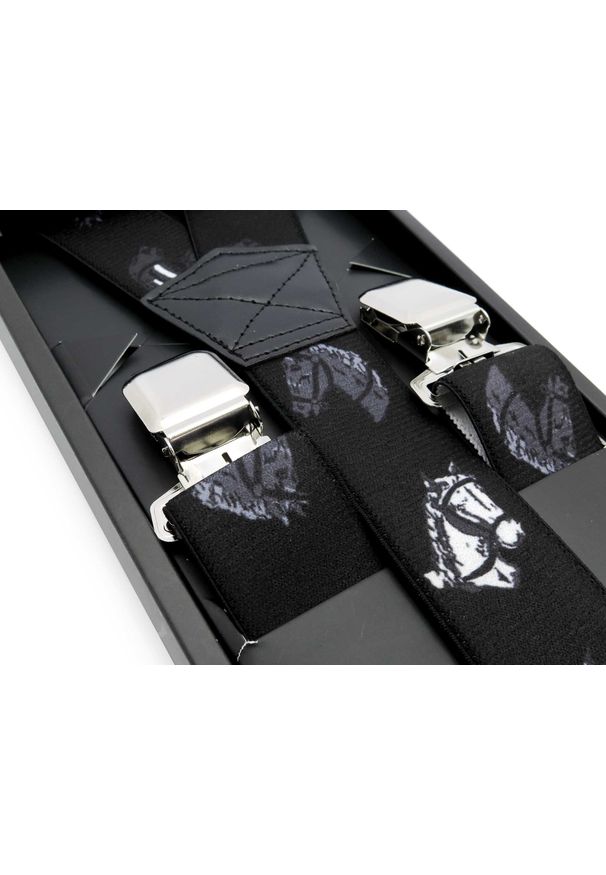 Modini - Czarne szerokie szelki męskie w konie SZ80B. Kolor: czarny. Materiał: skóra, guma