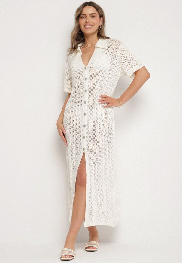 Born2be - Jasnobeżowa Siateczkowa Sukienka Koszulowa z Bawełną Folaris. Okazja: na co dzień. Kolor: beżowy. Materiał: bawełna. Sezon: lato. Typ sukienki: koszulowe. Styl: casual, elegancki