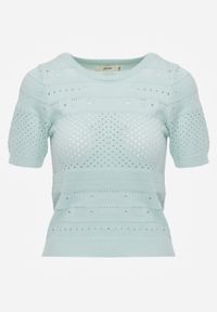 Renee - Miętowa Klasyczna Bluzka w Ażurowy Wzór Lidakra. Okazja: na co dzień. Kolor: miętowy. Materiał: jeans. Długość rękawa: krótki rękaw. Długość: krótkie. Wzór: ażurowy. Styl: klasyczny #5