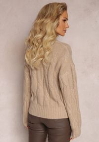 Renee - Ciemnobeżowy Klasyczny Sweter w Ozdobny Splot Olgame. Kolor: beżowy. Materiał: dzianina, tkanina. Wzór: ze splotem. Styl: klasyczny #2