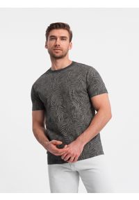 Ombre Clothing - T-shirt męski fullprint w liście palmy - grafitowy V4 - Rozmiar: S. Okazja: na co dzień. Kolor: szary. Materiał: skóra, bawełna. Styl: casual