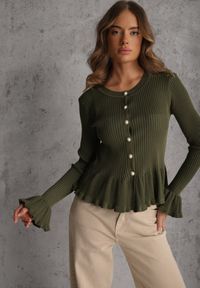 Renee - Zielony Wiskozowy Kardigan w Prążki z Falbankami i Guzikami z Cyrkoniami Danareia. Okazja: na co dzień, na imprezę. Typ kołnierza: kołnierz z falbankami. Kolor: zielony. Materiał: wiskoza. Wzór: prążki. Styl: casual #4