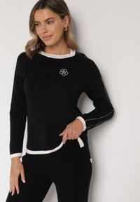 Born2be - Czarny Sweter Ozdobiony Paskami i Aplikacją Tusanne. Okazja: na co dzień. Kolor: czarny. Materiał: jeans. Wzór: aplikacja. Styl: casual, elegancki #2