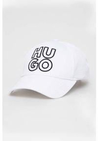 Hugo - HUGO czapka z daszkiem bawełniana kolor biały z aplikacją. Kolor: biały. Materiał: bawełna. Wzór: aplikacja #1