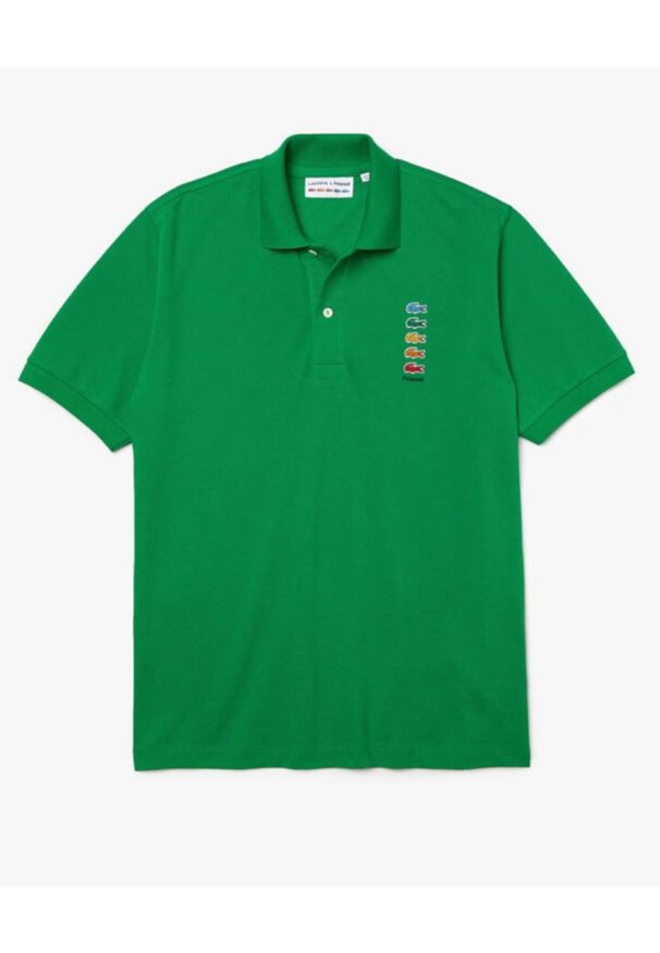 Lacoste - LACOSTE - Zielona koszulka polo z logo Regular Fit. Typ kołnierza: polo. Kolor: zielony. Materiał: bawełna. Wzór: haft, prążki. Styl: sportowy