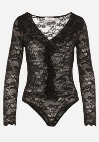 Born2be - Czarne Koronkowe Body z Falbanką Vidane. Okazja: na co dzień. Kolor: czarny. Materiał: koronka. Wzór: aplikacja. Styl: klasyczny, casual, elegancki #5