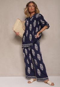 Renee - Granatowy Komplet Oversize w Stylu Rustykalnym Długa Koszula i Szerokie Spodnie Mepilara. Kolor: niebieski #4