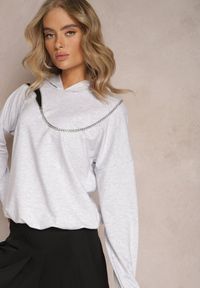 Renee - Szara Asymetryczna Bluza z Bawełny z Kapturem i Ozdobnym Suwakiem Lueur. Typ kołnierza: kaptur. Kolor: szary. Materiał: bawełna. Wzór: aplikacja