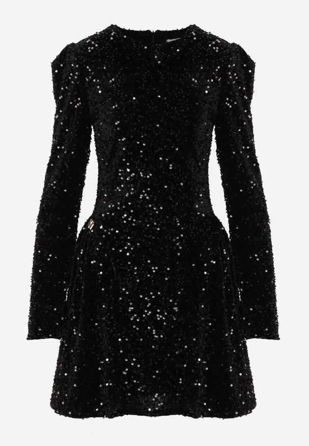 Born2be - Czarna Cekinowa Sukienka Koktajlowa z Geometrycznymi Ramionami Reffera. Okazja: na imprezę. Kolor: czarny. Długość rękawa: długi rękaw. Wzór: geometria. Typ sukienki: rozkloszowane. Styl: wizytowy