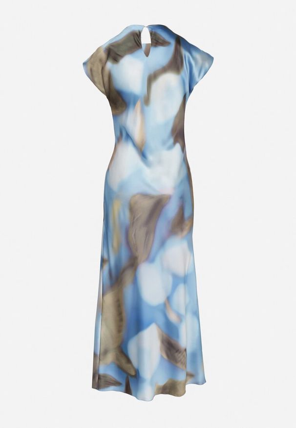 Born2be - Niebieska Rozkloszowana Sukienka w Abstrakcyjny Print z Ozdobnym Marszczeniem Tillanara. Okazja: na imprezę. Kolor: niebieski. Wzór: nadruk. Styl: wizytowy, elegancki