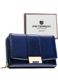 Granatowy, poziomy portfel damski wykonany ze skóry ekologicznej i zamykany na zatrzask - Peterson. Kolor: niebieski. Materiał: skóra ekologiczna. Wzór: gładki #1