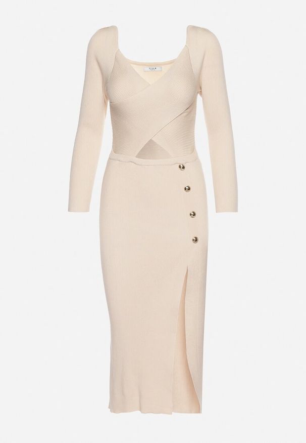 Born2be - Jasnobeżowa Sukienka z Wycięciem na Brzuchu z Ozdobnymi Guzikami i Rozcięciem na Dole Majanna. Okazja: na imprezę. Kolor: beżowy. Wzór: aplikacja. Typ sukienki: dopasowane. Długość: midi