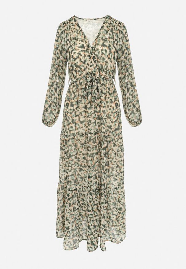 Born2be - Zielona Sukienka z Kopertowym Dekoltem w Cętki Conneie. Typ kołnierza: dekolt kopertowy. Kolor: zielony. Wzór: aplikacja. Typ sukienki: kopertowe. Długość: maxi