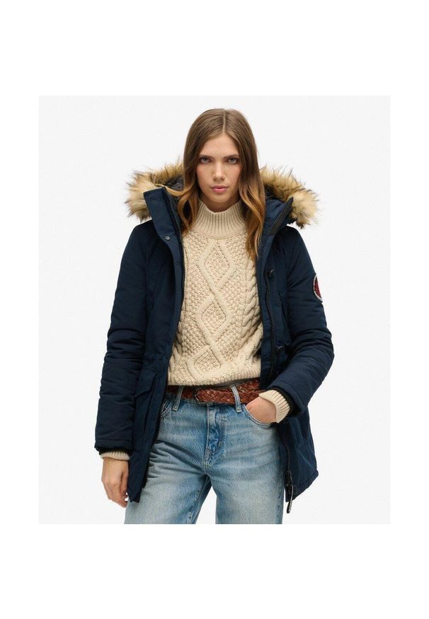 Superdry - Parka z kapturem z futerka sztucznego Everest. Typ kołnierza: kaptur. Kolor: niebieski. Materiał: futro. Długość rękawa: długi rękaw. Styl: elegancki