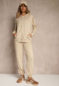 Renee - Beżowy Komplet Dresowy Spodnie i Bluza z Kapturem i Kangurową Kieszenią Lotilea. Kolor: beżowy. Materiał: dresówka