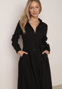 Born2be - Czarna Koszulowa Sukienka z Bawełną i Wiskozą Ozdobiona Paskiem Viviedah. Okazja: na co dzień. Kolor: czarny. Materiał: wiskoza, bawełna. Wzór: aplikacja. Typ sukienki: koszulowe. Styl: casual #5