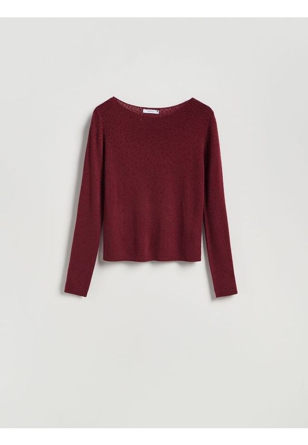 Reserved - Sweter z błyszczącą aplikacją - bordowy. Kolor: czerwony. Materiał: wełna, dzianina. Wzór: aplikacja