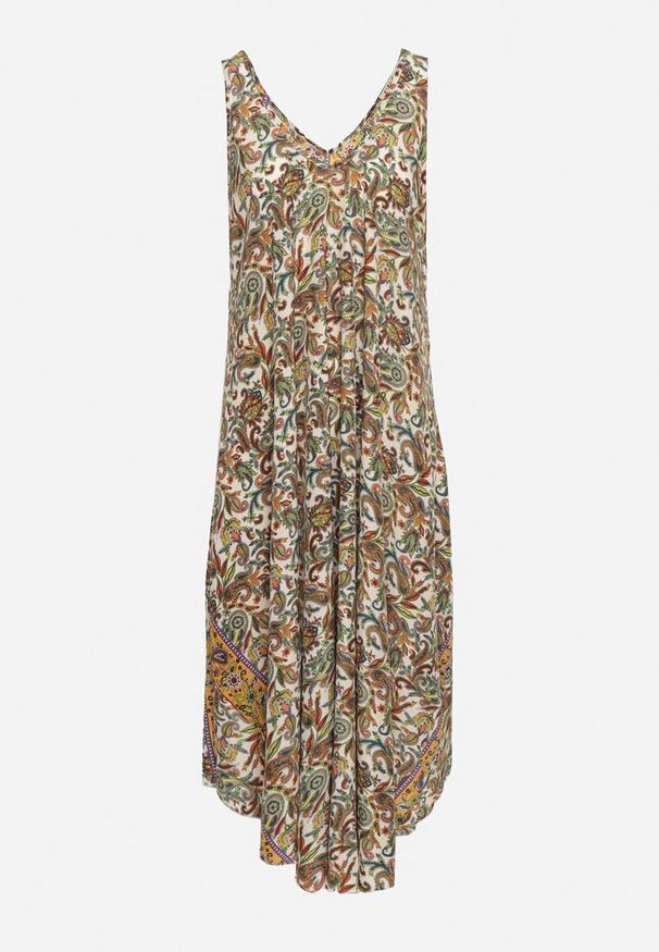 Born2be - Zielono-Beżowa Rozkloszowana Wiskozowa Sukienka Bez Rękawów Eladea. Okazja: na co dzień. Kolor: zielony. Materiał: wiskoza. Długość rękawa: bez rękawów. Typ sukienki: proste. Styl: elegancki, casual, klasyczny